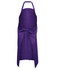 A purple apron with adjustable neck and waist ties, featuring a smooth fabric and a logo.