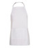 A white apron featuring a front pocket and a neck strap, with a logo on the side.