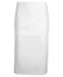A white apron featuring a front pocket and a plain design, suitable for workwear. It has a logo on it.