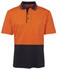 An orange and navy cotton polo shirt featuring a collar, buttons, and a pocket, with a logo.