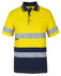 A short-sleeved cotton polo shirt in high-visibility yellow with navy stripes and reflective bands. It features a chest pocket and a logo.