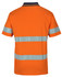 An orange polo shirt with reflective stripes, featuring a navy collar and a logo on the back.