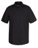 A short-sleeved black button-up shirt with two chest pockets and a logo on the collar.