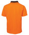 An orange work polo shirt with a black collar and a logo on the back.