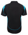 A black polo shirt with blue accents and a logo on the back.