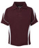 A maroon polo shirt with white side stripes and a collar, featuring a logo on the front.