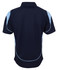 A navy polo shirt with light blue accents and a logo on the back.
