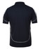 A black polo shirt featuring white accents and a logo on the back.