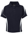A navy polo shirt with white side stripes and a collar featuring a small logo.