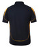 A black polo shirt with yellow accents and a logo on the back.