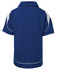 A blue polo shirt with white accents, featuring a collar and short sleeves. The back side is displayed.