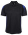 A black polo shirt with blue accent detailing and a logo on the chest area.