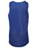 A blue singlet with a perforated design and a branding logo at the back.