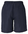 A pair of navy blue dress shorts with an elastic waistband and a single back pocket. Features a logo.