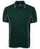 A dark green polo shirt with short sleeves and white piping accents, featuring a collar and three buttons.