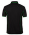 A black polo shirt with green piping details and a logo on the back.