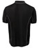 A black polo shirt featuring grey piping along the seams and a logo on the back.