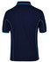 A navy polo shirt featuring light blue piping and a logo on the back. Suitable for casual or active wear.