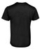 A plain black T-shirt featuring a logo on the back.