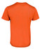 An orange T-shirt featuring a simple design with a logo on the back.