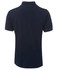 A navy blue polo shirt with a collar and short sleeves, featuring a logo on the side.