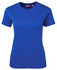 A blue ladies tee with a crew neck and short sleeves, featuring a logo. Suitable for casual wear.
