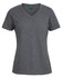 A black ladies V-neck tee with short sleeves and a relaxed fit. It features a logo on the label.