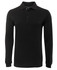A black long-sleeve polo shirt with a three-button placket and a collar. Features a logo on the chest.