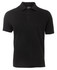 A black polo shirt with a collared neck, featuring three buttons and short sleeves. It has a logo.
