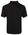 A black polo shirt with a collared neckline and short sleeves. It features a branding logo.