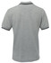A light grey polo shirt featuring contrast black stripes on the collar and sleeves, with a logo on the chest.