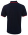 A navy polo shirt featuring contrasting red trim on the collar and sleeves, with a logo on the chest.