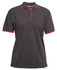 A dark grey polo shirt with red contrast details on the collar and sleeves. It features a logo on the chest area.