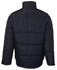 A black puffer jacket featuring a zippered front and a high collar, with a branding logo on the back.
