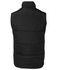 A black puffer vest with a high collar, featuring a logo, shown from the back.