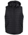 A black hooded puffer vest with a zip front and side pockets, featuring a logo.