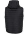 A black hooded puffer vest with a quilted design and a hood, featuring a logo on the back.