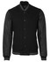 A black varsity jacket featuring leather sleeves and striped ribbing, with a logo on the chest.