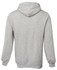 A grey hoodie featuring a kangaroo pocket and a drawstring hood, with a logo on the back.