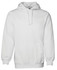 A white hoodie featuring a front pocket and a hood. The garment has a logo on it.