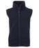 A navy polar vest with a high collar and full front zipper, featuring a logo on the tag.