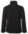A black jacket with a high collar and long sleeves, featuring a simple design and a logo.