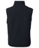 A black polar vest with no sleeves and a high collar, featuring a logo on the back.