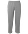 A pair of grey track pants with an elastic waistband, featuring a simple design and no pockets.