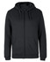 A dark green zip-up hoodie featuring a hood and front pockets, with a logo on the label.