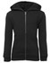 A black zip-up hoodie featuring a hood and front pockets, with a branding logo on the design.