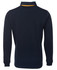 A navy and yellow two-tone rugby shirt with long sleeves and a collared neck. The shirt features a branding logo.