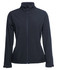 A black women's three-layer softshell jacket with a front zip and a high collar. It has a logo on it.