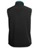 A black softshell vest with a blue collar, featuring a logo on the back.
