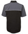 A black and grey button-up shirt with short sleeves and a contrasting yoke design, featuring a logo.